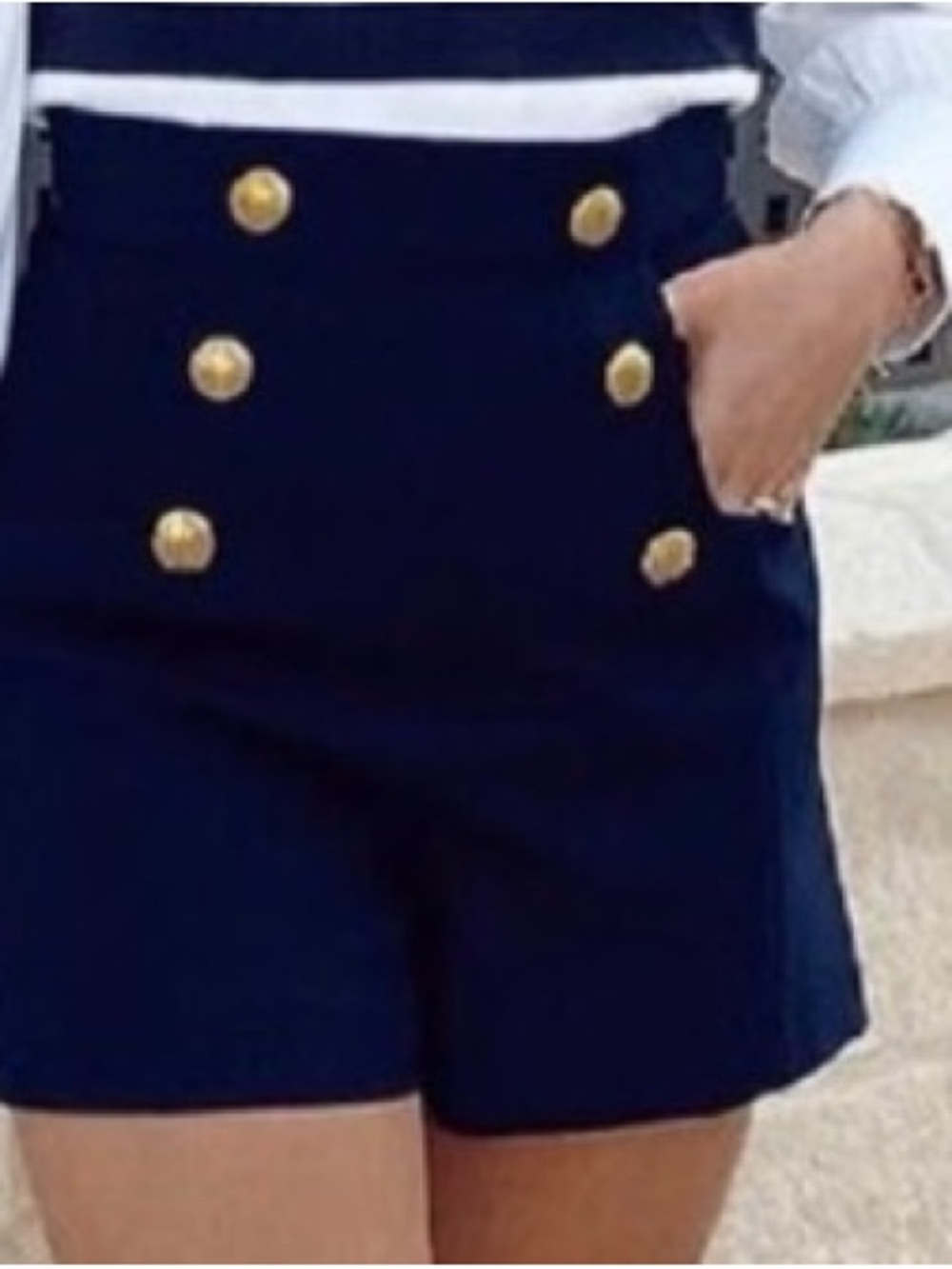 Zara Navy High-Waist Shorts with Gold Buttons - Nautical Style